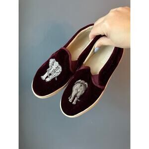 Soludos burgundy velvet elephant slip ons‎
